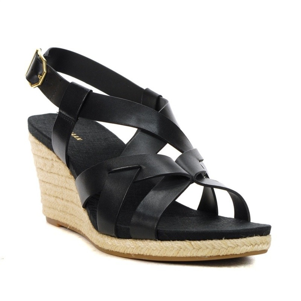 NWOT Cole Haan 9 Crystal Black Leather Wedge Strappy Sandals 132577
